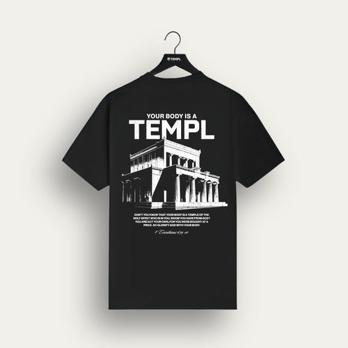 Black TEMPL Building Tee, back view, "Your Body Is a TEMPL" with temple illustration and 1 Corinthians 6:19-20