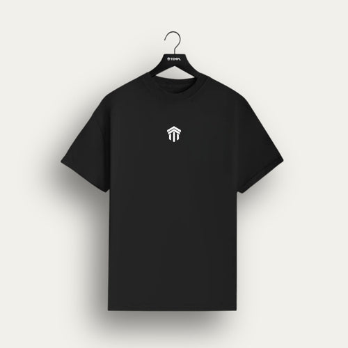 Black TEMPL Tee, front view, small white TEMPL logo on chest